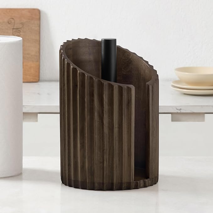 Anji Mountain Wooden Paper Towel Holder Countertop with Mango Wood Round Base and Iron Holder, Holder Stand for Kitchen Roll Organizer & Kitchen Dining Table Home Decor - Chocolate/Black, Fluted