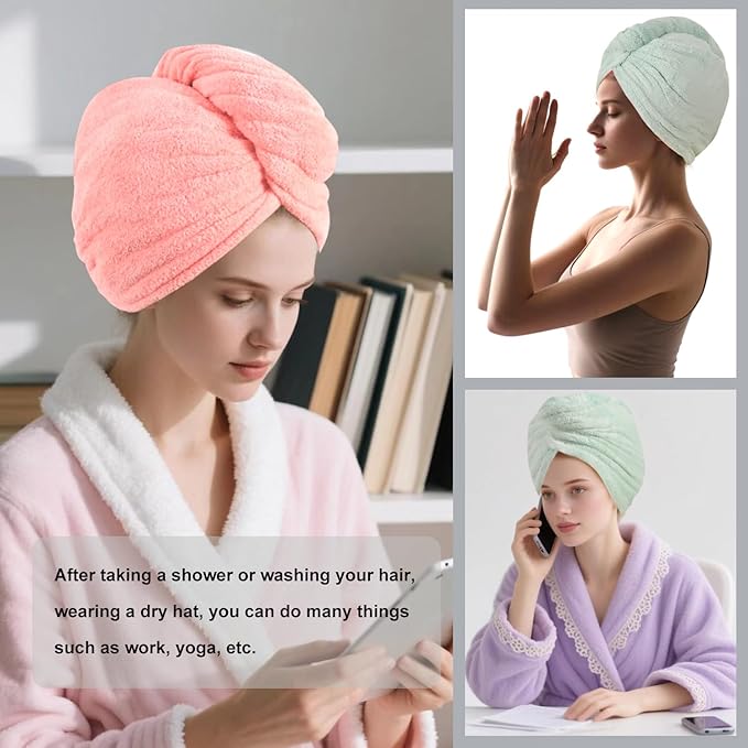 Microfiber Hair Drying Towel Wrap for Women, Hair Turbans Towel for Wet Hair,turbie Twist Hair Towels(The Color of the Picture is for Reference only) (Light Green,Pink)