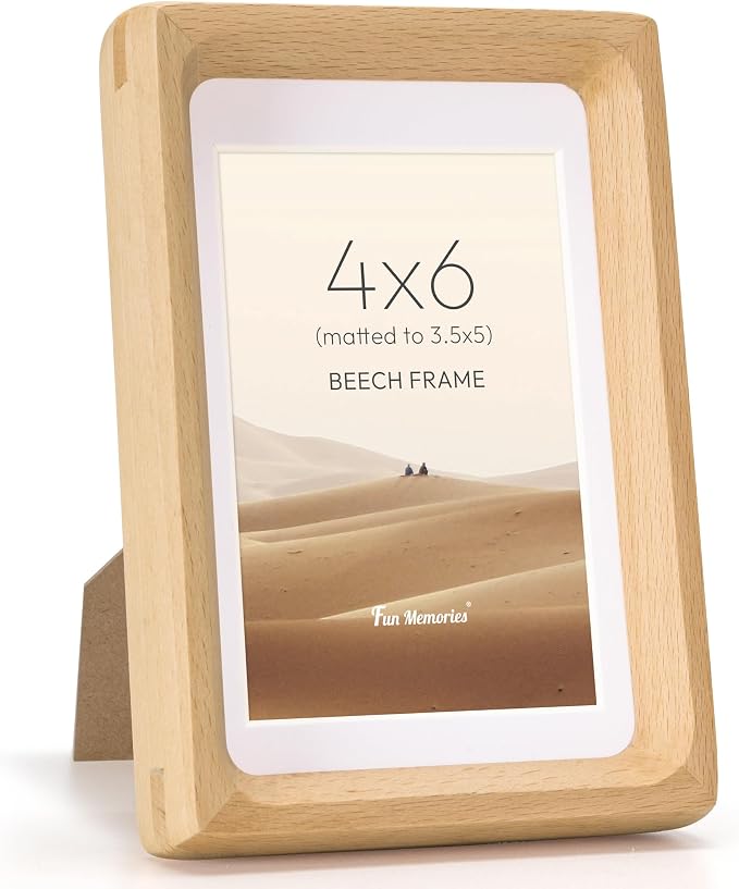 Fun Memories 4x6 Picture Frame, USA-Sourced Beech Wood Photo Frames with HD Tempered Glass, Handcrafted Rounded Corner 4 x 6 Wooden Frame Matted to 3.5x5 Photos, 4x6 Frames, Tabletop or Wall Display