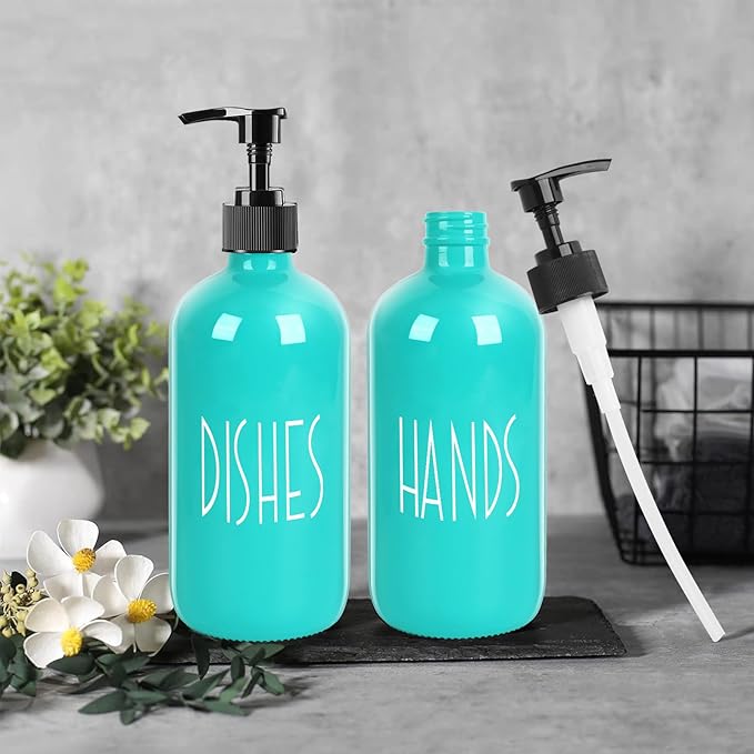 Glass Soap Dispenser with Plastic Pump for Kitchen - 16 OZ Glass Hand, Dish Soap Dispenser Set - Kitchen, Bathroom Decor and Accessories (Teal)