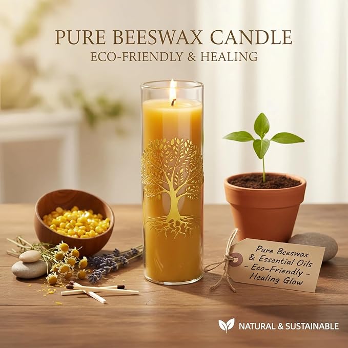 The Tree of Life Pure Beeswax Candles, Single Glass Pack - 240-Hour Burn Time, Clean Burning Long-Lasting Eco-Friendly Candle for Meditation, Prayer & Gift Giving