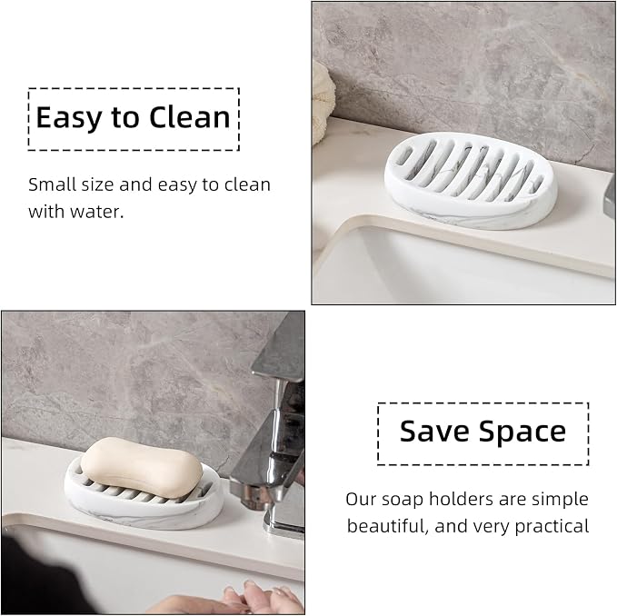 Soap Dish, Bar Soap Holders, Oval White Marble Look | Modern, Minimalist, Simple, Self Draining, Soap Saver Spone Holder Tray, for Shower Bathroom Countertop Kitchen Sink Bathtub