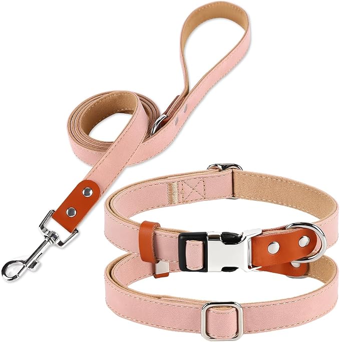 Dog Collar and Leash Set, PU Leather Dog Collar – Adjustable Eco-Friendly with Genuine Leather & Hemp, Soft Breathable Dog Collar Set for Small to Large Dogs (Pink, M（12“-19”）)