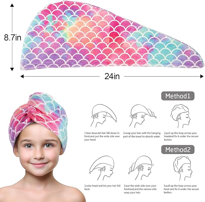 MADHOLLY Fast Drying Microfiber Hair Towel for Kids Women - 3 Packs Soft Super Absorbent Hair Towel Wrap with Button, Anti-Frizz Turban for Thicker Curly Long Hair, Mermaid Gift for Girls