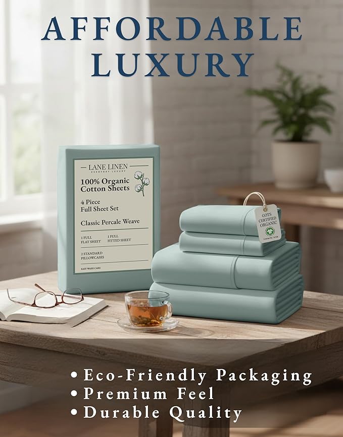 LANE LINEN 100% Organic Cotton Full Sheets Set 4-Piece Pure Percale Soft Bedding Breathable Fits Mattress Upto 15" Deep - French Blue