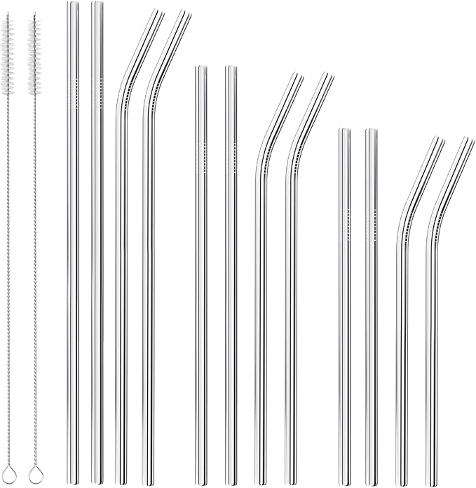 Dsmile 12 Pcs Reusable Stainless Steel Straws - 0.31'' wide 3 Size： 12.2''10.5''8.5''Long,Including 6 Straight and 6 Bent Clear Glass Straws with 2 Cleaning Brush for Smoothies, Coffee, Juice, Sodas