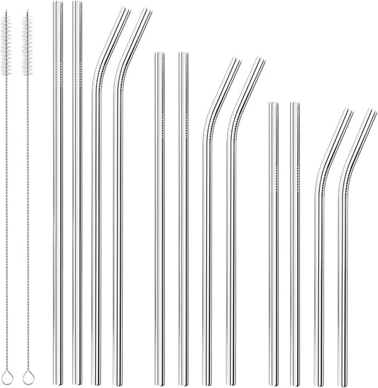 Dsmile 12 Pcs Reusable Stainless Steel Straws - 0.31'' wide 3 Size： 12.2''10.5''8.5''Long,Including 6 Straight and 6 Bent Clear Glass Straws with 2 Cleaning Brush for Smoothies, Coffee, Juice, Sodas