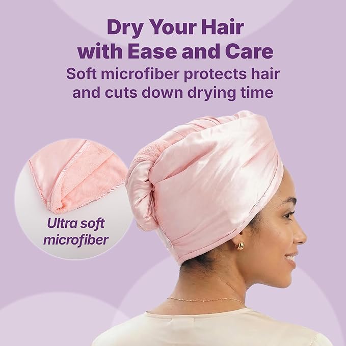 Goody Reversible Satin & Microfiber Turban, Day to Night Styling, Dual-Sided Microfiber Hair Towel Wrap for Quick-Drying, Satin Bonnet for Frizz-Control, For All Hair Types, Gift for Women & Girls