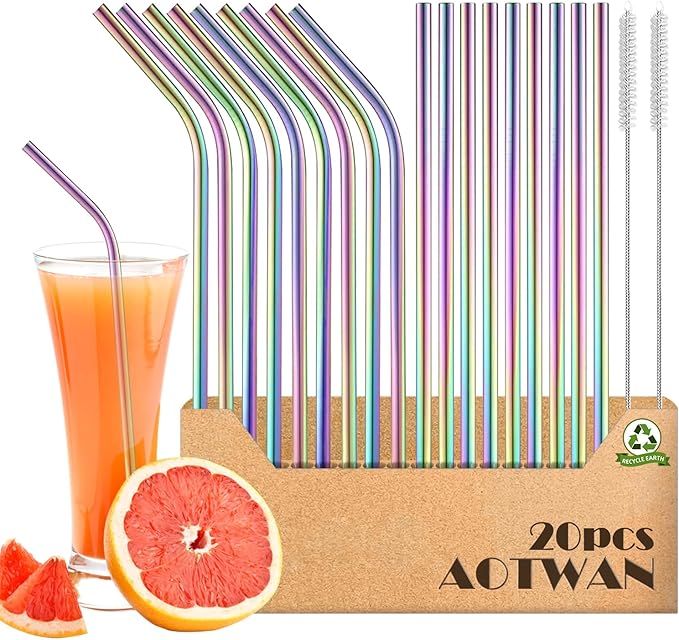 AOTWAN 20-Pack Reusable Stainless Steel Metal Straws Colourful, 9 Straight + 9 Bent 8.5'' Metal Straws for 20 oz Tumblers Dishwasher Safe with 2 Cleaning Brushes
