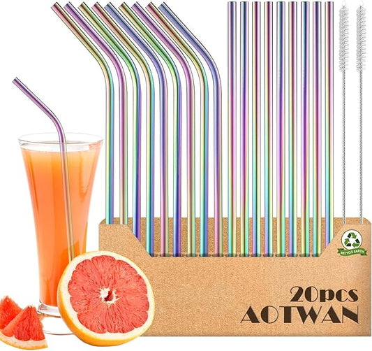 AOTWAN 20-Pack Reusable Stainless Steel Metal Straws Colourful, 9 Straight + 9 Bent 8.5'' Metal Straws for 20 oz Tumblers Dishwasher Safe with 2 Cleaning Brushes