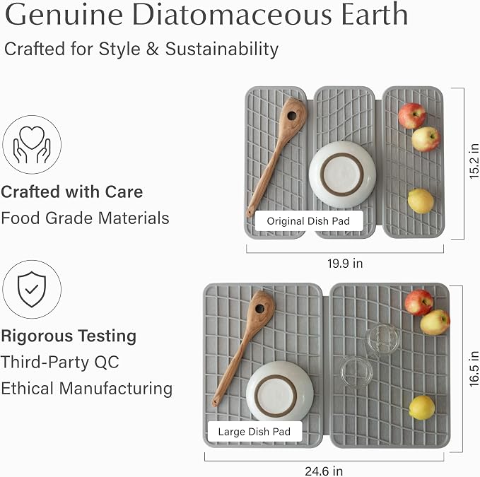 Dorai Home Dish Pad - Collapsable Stone Dish Drying Mat with Diatomaceous Earth for Quick Drying - Ultra Absorbent - Encased in Silicone - Eco-Friendly, Foldable - Large 24.6" x 16.5", Ash