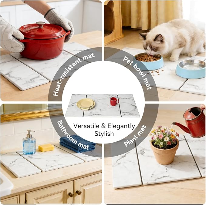 Large Stone Drying Mat for Kitchen Counter, Foldable Quick Dry Dish Drying Mat, 24"x16" Water Absorbent Diatomaceous Earth Mats for Bottles Cups Dishes, Modern Kitchen Essentials (White)