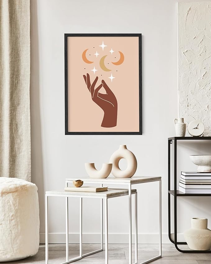 Mystical Hand Wall Art Celestial Moon and Stars Print Earth Tones Terracotta Mid Century Modern 16x20 Inch Oak Wood Black Framed Spiritual Decor for Bedroom
