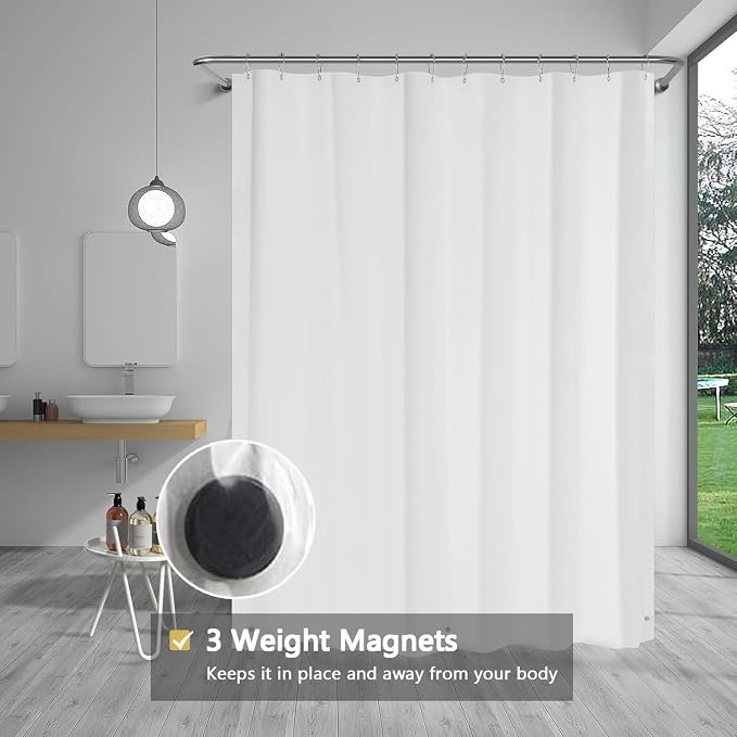 TIKABC White Shower Curtain Liner, 4G PEVA Shower Liner, Plastic Peva Waterproof Shower Curtains, 72x72 inch with Grommet Holes 3 Magnetic Weights