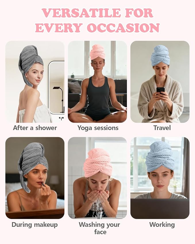 2-Pack Microfiber Hair Towel - 39" x 24" Super Absorbent, Fast Drying Hair Towel Wrap for Women Long, Curly Hair - Turbans with Elastic Strap for Travel, Gym & Workouts