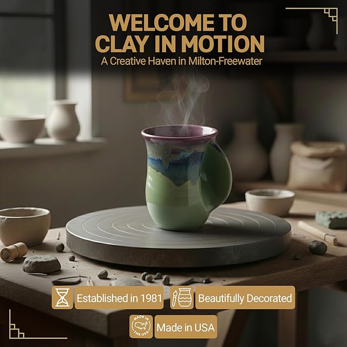 Clay in Motion Hand Warmer Coffee Mug – Handmade Coffee Mug With Comfortable Handle Contoured Pocket Hand Warming Ceramic Coffee Mug – Proudly Made in USA – Right Handed – 14 Oz - Mossy Creek