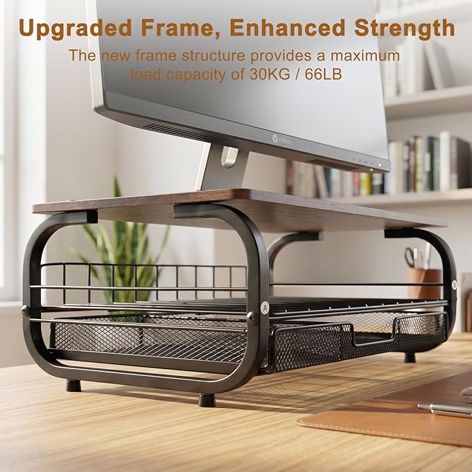 Desk Organizers and Accessories Monitor Riser, Monitor Stand with Drawer (2-Tier Drawers) with Large Side Storage Rack & Cable Management,66LBS/30KG, Office Organization, Walnut Brown