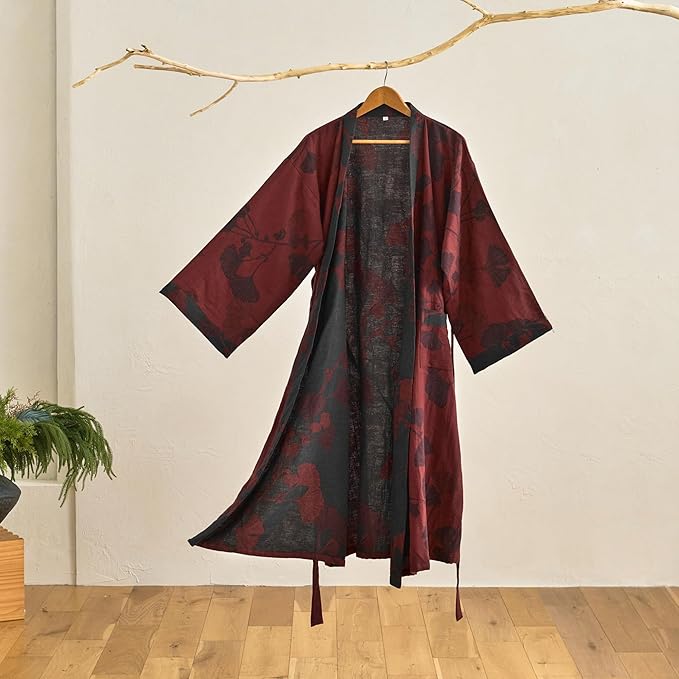 100% Cotton Gauze Ginkgo Leaf Kimono Robe, Long Knit Loose Bathrobe Nightgown Ladies Loungewear Sleepwear for Women