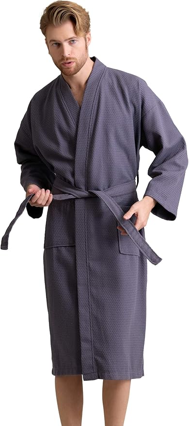 Men's Luxury Waffle Weaved Cotton Bathrobe - Lightweight & Soft - Quick Dry & Absorbent - Spa Robe for Men