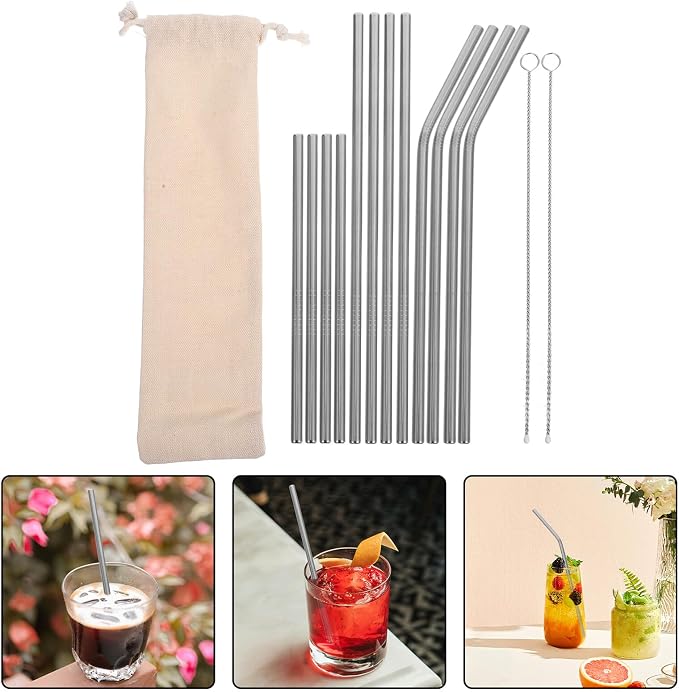 SUPVOX Reusable Stainless Steel Straws Set 15pcs with Curved Metal Straws and Cleaner Brush for Smoothies Coffee Cocktails