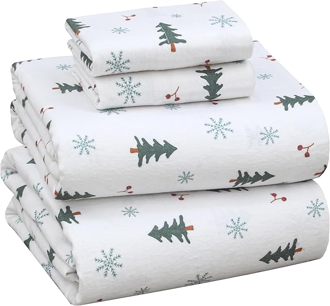 RUVANTI Flannel Sheets Full Size - 100% Cotton Double Brushed Bed Sheets Set, Deep Pockets 16 Inches, All Seasons Breathable & Extra Soft Full Sheets, Warm & Cozy, 4 Piece, Berry & Pine