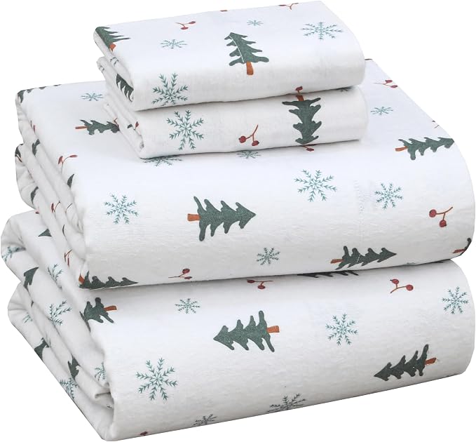 RUVANTI Flannel Sheets Queen Size - 100% Cotton Double Brushed Bed Sheets, Deep Pockets 16 Inches Queen Sheet Set, All Seasons Breathable & Extra Soft - Warm & Cozy, 4 Piece, Berry & Pine