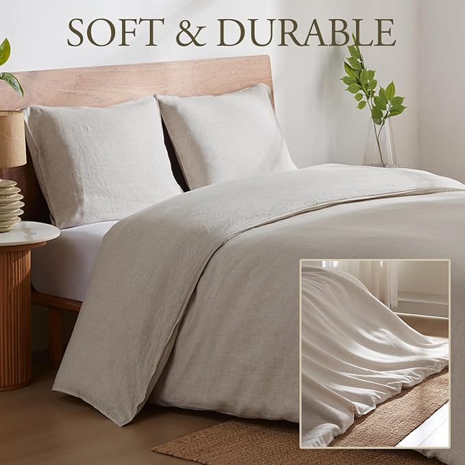 DAPU 100% Linen Duvet Cover Set 3PCs, Pure Natural French Flax Linen Duvet Cover King 90"x104" with Corner Ties and Zipper Closure, Soft Breathable Durable for Hot Sleepers (Natural Linen, King)