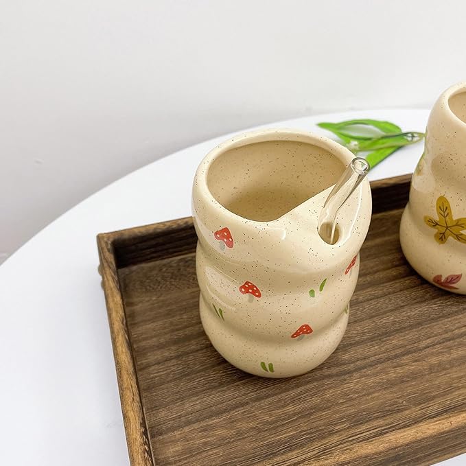 Ceramic Coffee Mug with Sip Hole, 13.5 oz Handmade Pottery Mug, No-Handle Modern Ceramic Cup for Daily Coffee & Tea, Office Use, Mushroom Design (1 Pack)