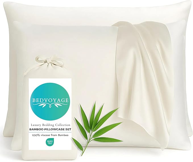 BedVoyage Ultra Soft Standard Pillowcase Set, Cooling & Breathable, Silky & Gentle to Skin and Hair, Luxury 100% Viscose Derived from Bamboo, 20x26 Envelope Closure, 2pc Set, Standard – Ivory