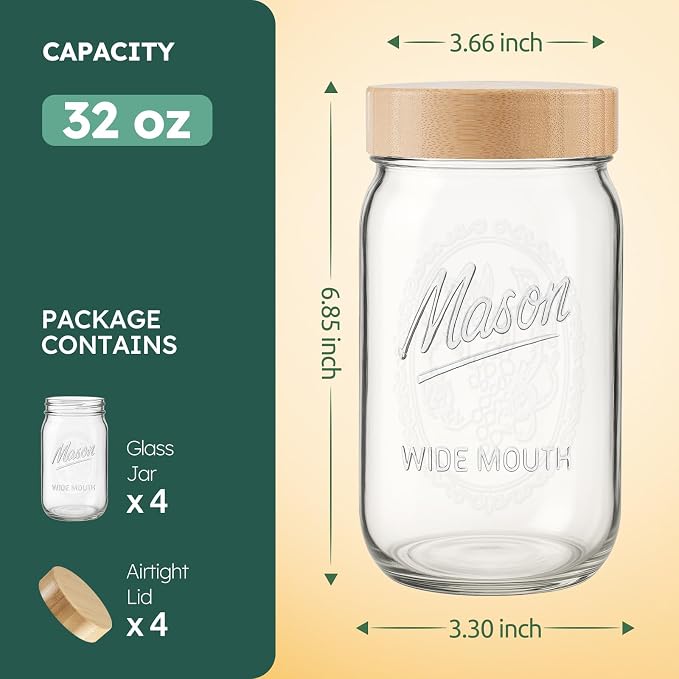 4 Pack 32 oz Glass Jars, Wide Mouth Mason Jars with Bamboo Airtight Lids for Food Storage, Snacks, Meal Prep & Lunch Leakproof