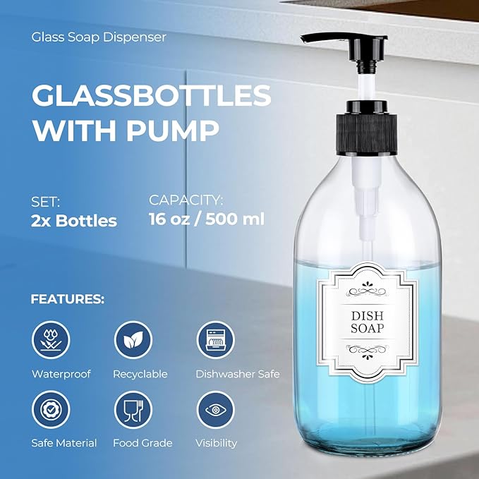 16 oz Clear Glass Soap Dispenser with Pump, Glass Pump Bottle for Lotion Body Oil, 500ml Hand and Dish Soap Dispensers Set with Storage Caps, Labels - 2 Pack