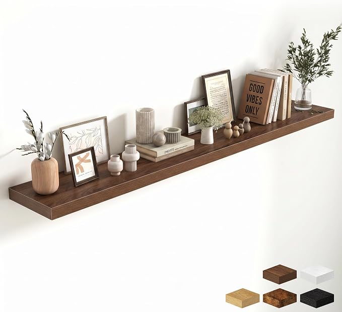 Fun Memories 72 Inch Fireplace Mantel Shelf, 10 Inch Deep Shelves for Display & Wall Storage, Rustic Wood Wall Shelf, Extra Long Floating Shelves for Living Room Laundry Room, Walnut, Set of 1