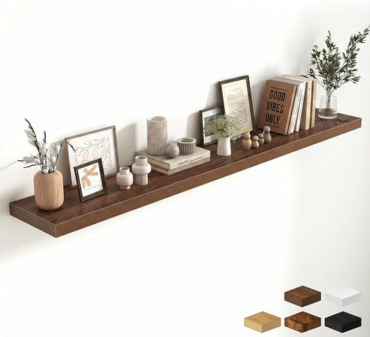 Fun Memories 72 Inch Fireplace Mantel Shelf, 10 Inch Deep Shelves for Display & Wall Storage, Rustic Wood Wall Shelf, Extra Long Floating Shelves for Living Room Laundry Room, Walnut, Set of 1