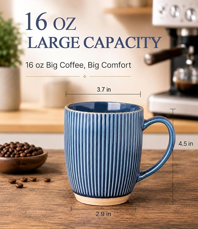 GBhome Large Coffee Mugs Set of 4, 16oz Handmade Embossed Coffee Mugs Set with Large Handle for Cappuccino/Latte/Tea/Hot Cocoa, Dishwasher & Microwave Safe, Blue