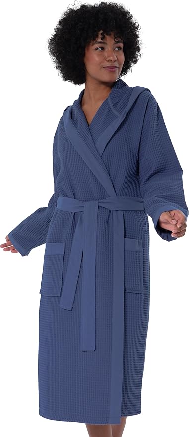 SEYANTE Women's Organic Cotton Waffle Kimono, Hooded Robe – GOTS Certified Lightweight Full-Length Spa Bathrobe with Piping