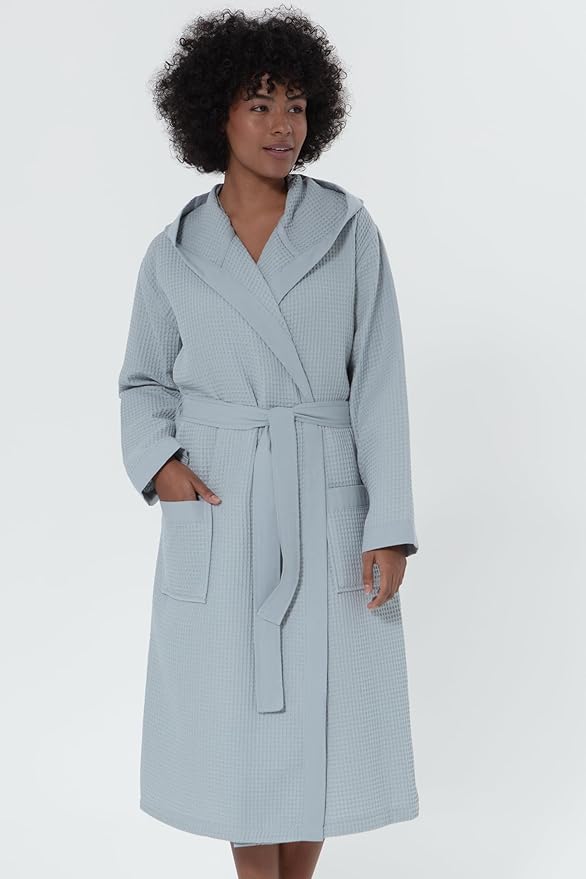 SEYANTE Women's Organic Cotton Waffle Kimono, Hooded Robe – GOTS Certified Lightweight Full-Length Spa Bathrobe with Piping
