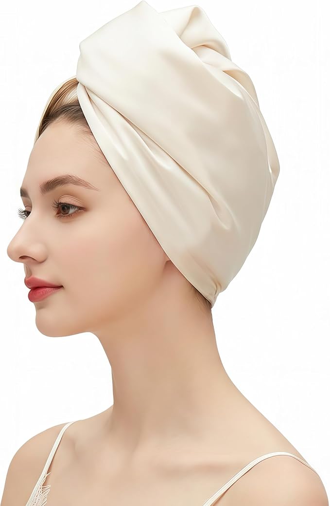 Satin Microfiber Hair Towel Wrap for Quick Drying & Anti-Frizz - Super Absorbent, Hair Turbans for Wet Hair, Ideal for Long, Short, Curly Hair (Ivory)