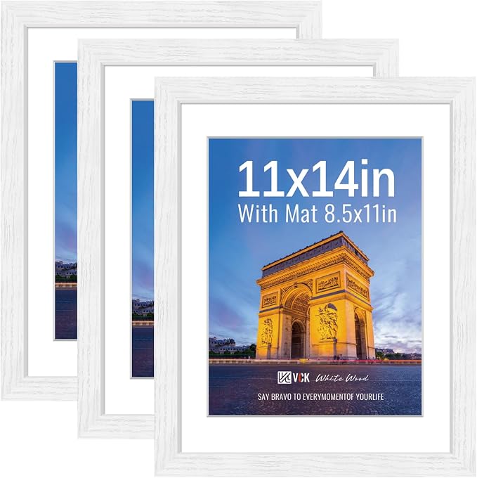 VCK 11x14 Picture Frames White 3 Pack, Wide Border Wood, Tempered Glass, Display 8.5x11 Photo with Mat or 11 x 14 without, for Home, Office, Gallery, Woodgrain Series, Wall Hanging