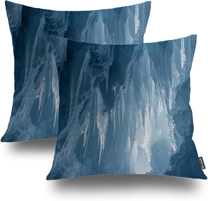 Shrahala Icicles Stalagmites Ice Cave Decorative Couch Cover, Icicles and Stalagmites in Cave Square Throw Pillows Blended Double-Sided No Inserts for Bedroom Living Room Set of 2 (18 x 18 in)