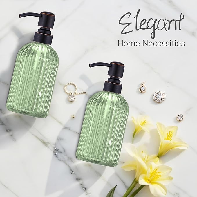 16Oz Green Glass Soap Dispenser with Rust Proof Bronze Stainless Steel Pump, Green Countertop Refillable Liquid Lotion Dispensers with Stainless Steel Pump, Oil Rubbed Bronze Soap Dispenser,2 Packs