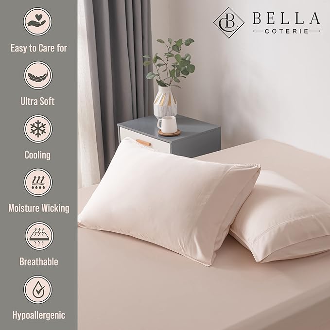Bella Coterie | Luxury Bamboo Viscose Queen Size Pillowcase Set | 100% Organically Grown | Ultra Soft | Cooling | 2 Pcs [Champagne]