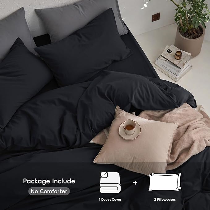 MooMee Queen Duvet Cover Set, 100% Washed Cotton Linen Like Twill Thick Sturdy Material Super Soft Breathable Durable Bedding for All Season, 3 Pieces (Black, Queen 90"x90")