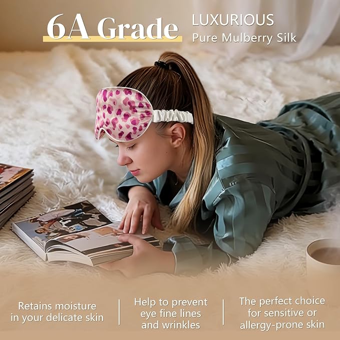 ZIMASILK 22 Momme 100% Mulberry Silk Sleep Mask, 3D Contoured Cup Eye mask Blindfold, Super Soft & Comfortable Sleep Eye Mask for Sleeping(Leopard Pink/Purple)