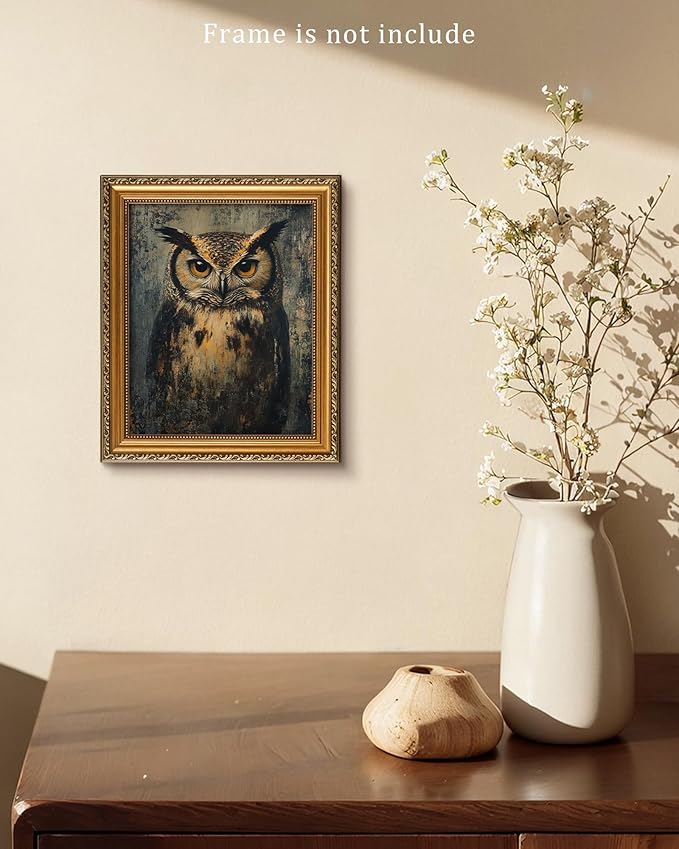 Vodefoad Vintage Dark Academia Owl Wall Art Decor, Retro Moody Rustic Bird Canvas Painting, Antique Dark Animal Gallery Wall Art for Bathroom Bedroom Home - 8x10Inch Unframe