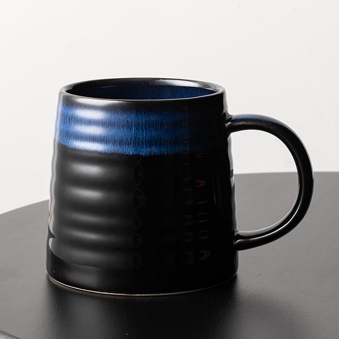 15.5 Oz Large Reactive Glaze Ceramic Mug, Heavy Weighted Stoneware Coffee Cup, Wide Base, Thick Wall Big Tea Cup with Custom Package Box, Microwave & Dishwasher Safe (Blue-Black)