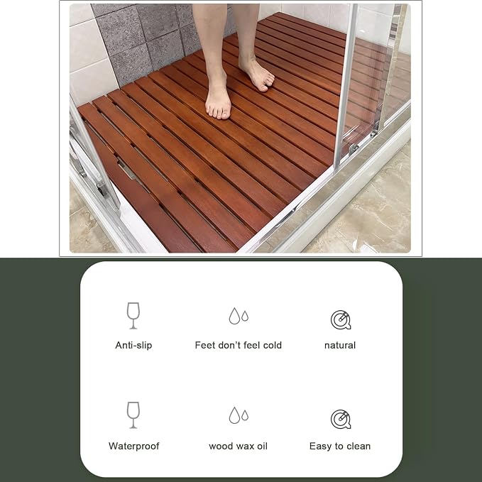 Bamboo Bath Mat for Bathroom Rectangular Wooden Shower Mat Red Walnut Color Home Spa Duckboard (60x60cm)