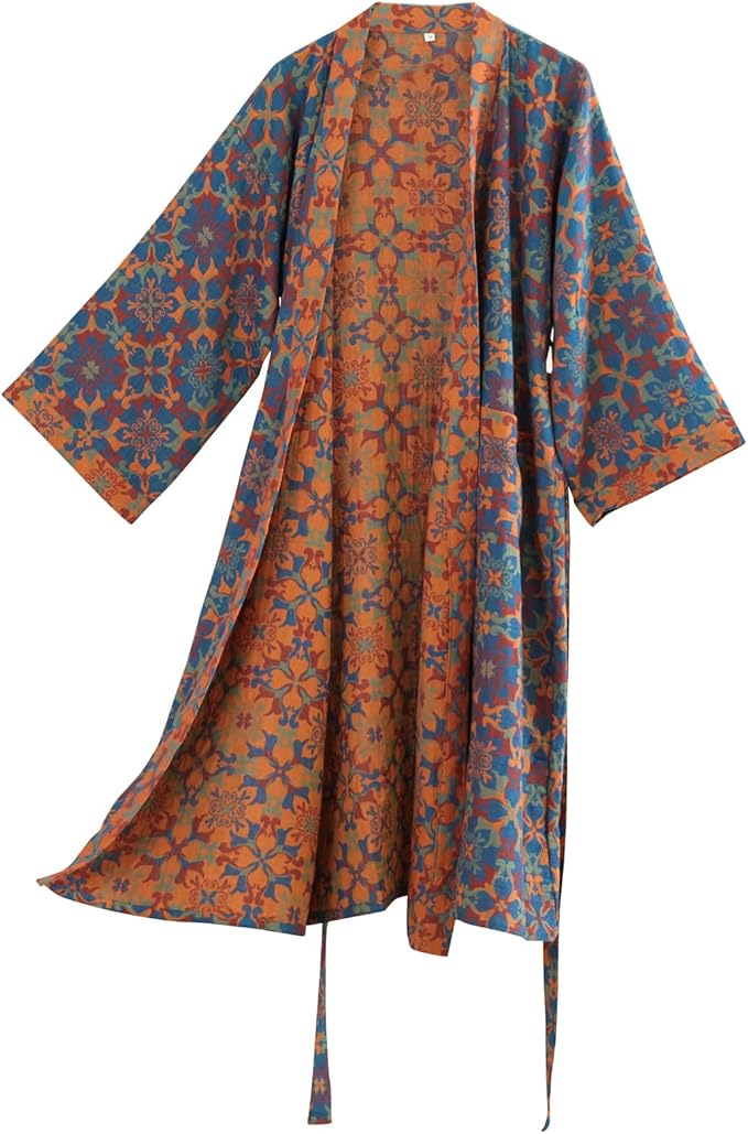 100% Cotton Gauze Ginkgo Leaf Kimono Robe, Long Knit Loose Bathrobe Nightgown Ladies Loungewear Sleepwear for Women