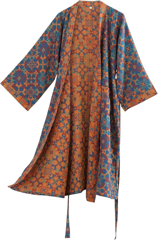 100% Cotton Gauze Ginkgo Leaf Kimono Robe, Long Knit Loose Bathrobe Nightgown Ladies Loungewear Sleepwear for Women