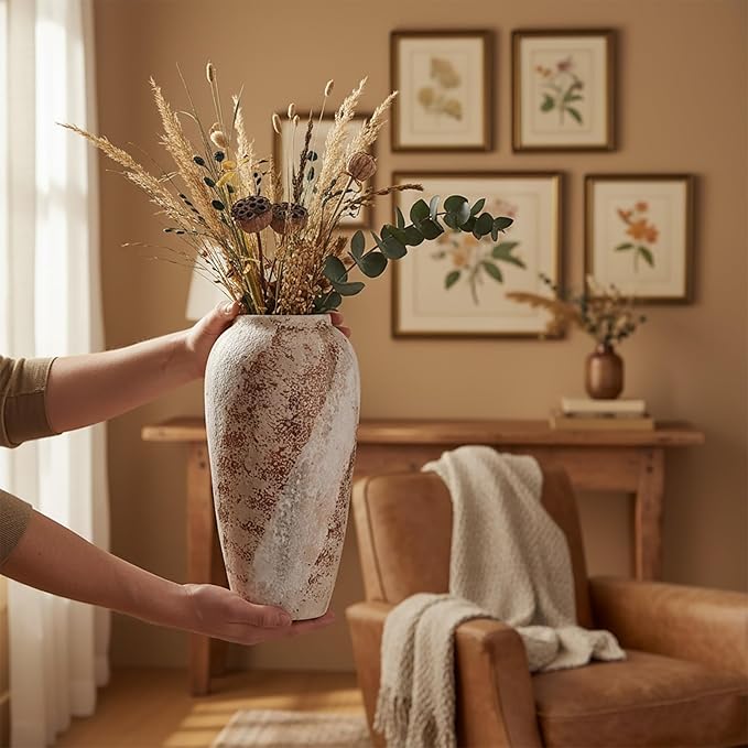 Large Ceramic Vase, 13.7 Inch Minimalist Decorative Farmhouse Vase for Home Decor, Living Room, Shelf Decor, Entryway, Wedding, Table Decoration