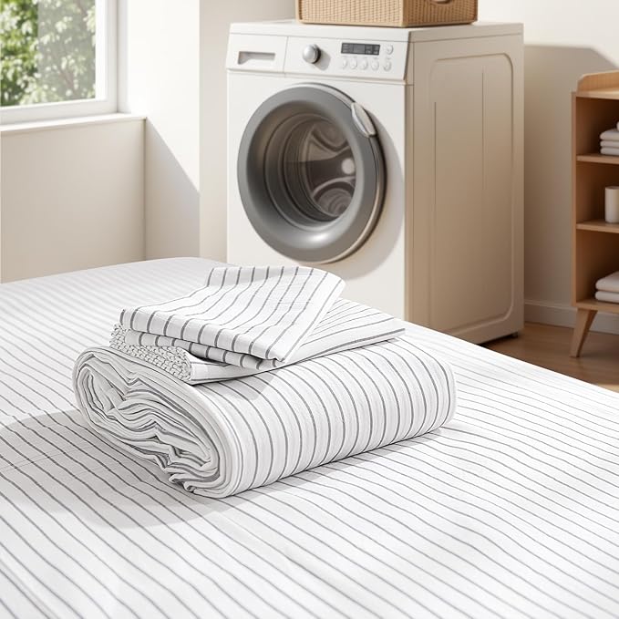 NEXHOME PRO Striped Duvet Cover Queen Size,100% Washed Cotton Bedding Set,Textured Linen Feel,Breathable,Organic,3 Piece(Grey Stripes 90x90)